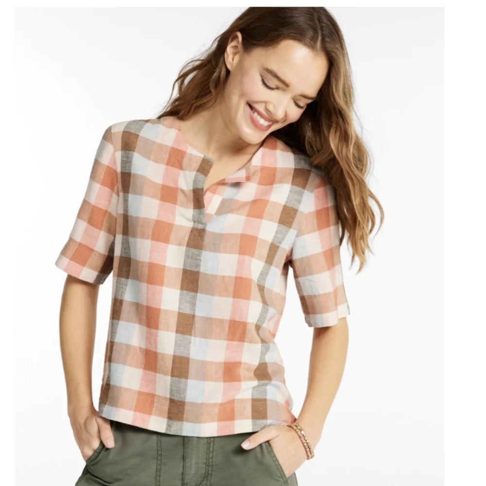 L.L. Bean Signature Medium Linen Blend Splitneck Shirt, "Beeswax" Plaid - Picture 11 of 12